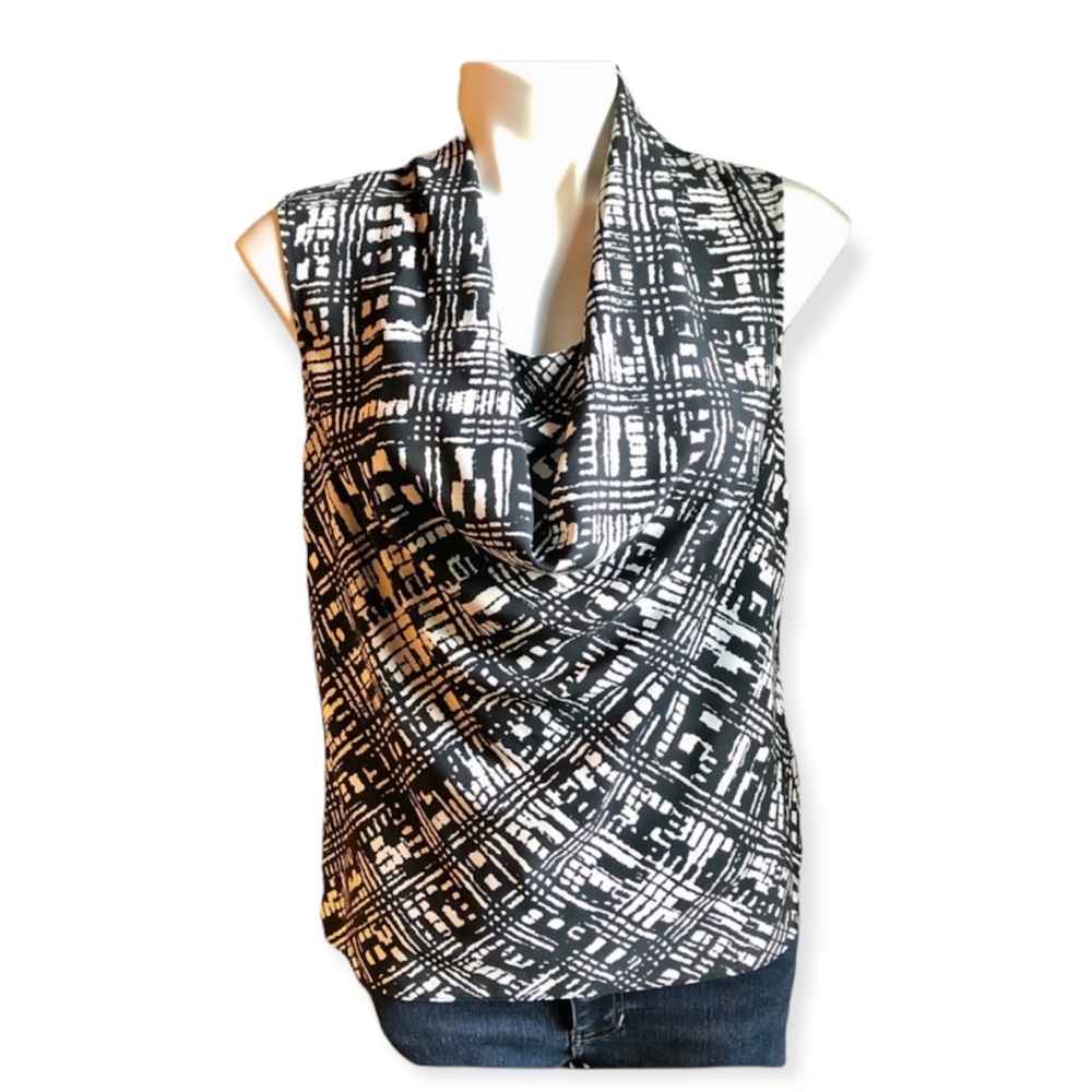 3/$20 CALVIN KLEIN Sleeveless Blouse Black and White Draped Neck Top Womens Med